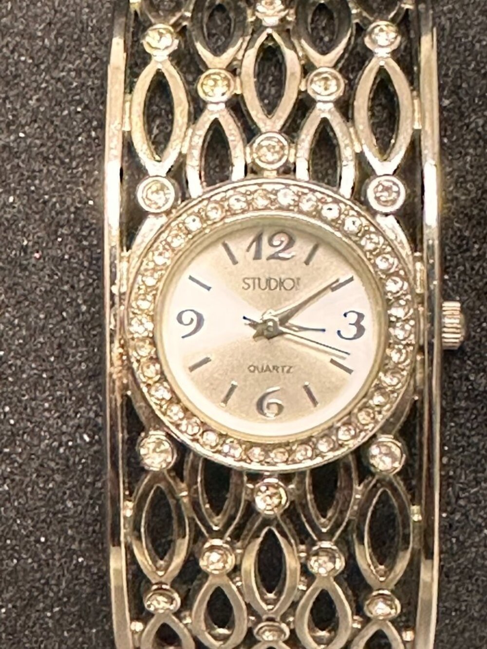 Studio Time Watch Women Silver Tone Rhinestone Wide Cuff New Battery 6.75"